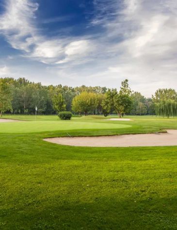 photo of golf gree, trees in the background and blue skies