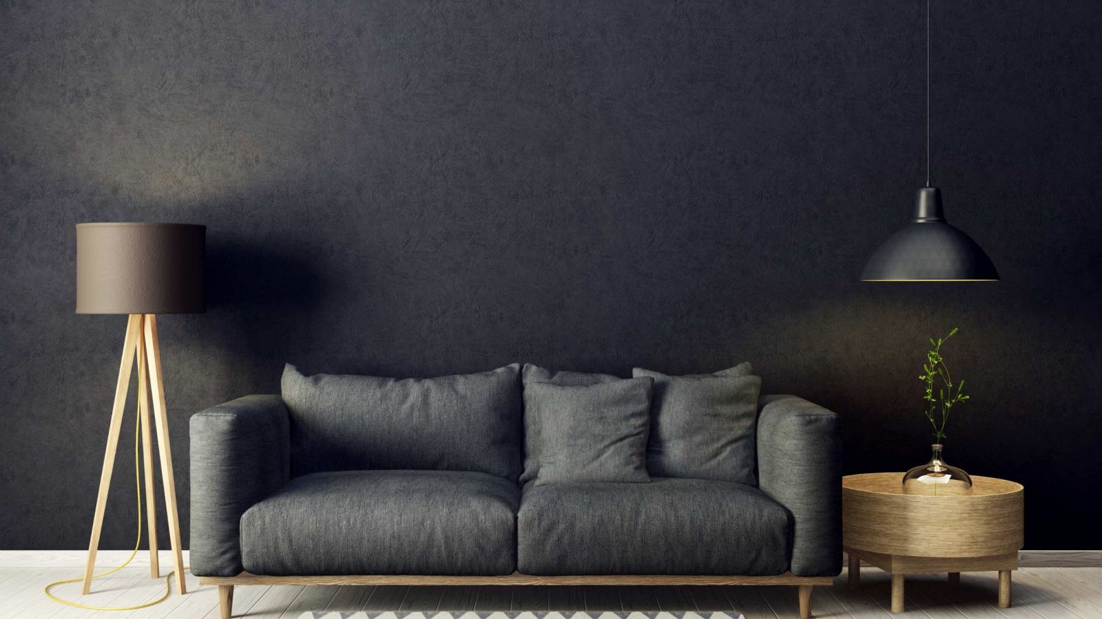photo of dark luxury living room with lamps and couch